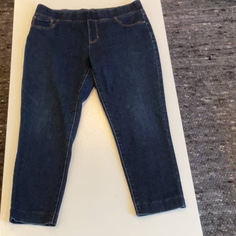 Size 12. W 17 “pull on elastic waist denim jeans dark wash fake front pockets